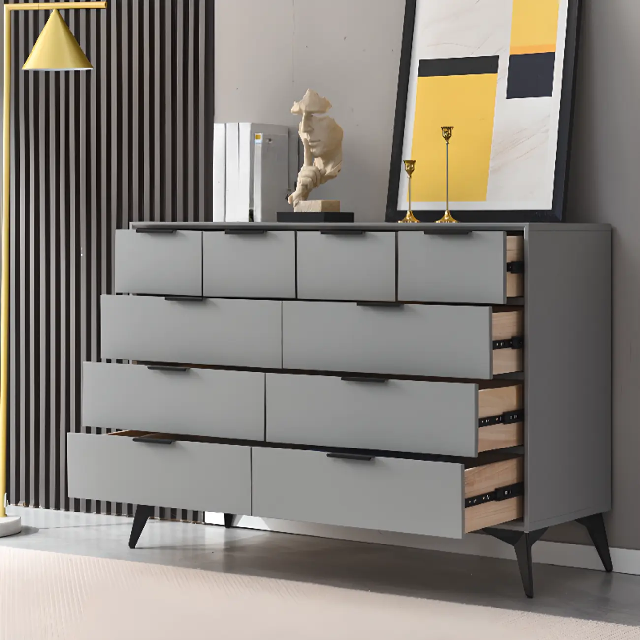 Industrial Grey Wooden Dresser with Double Storage for Bedroom Image - 18 | homeyfad