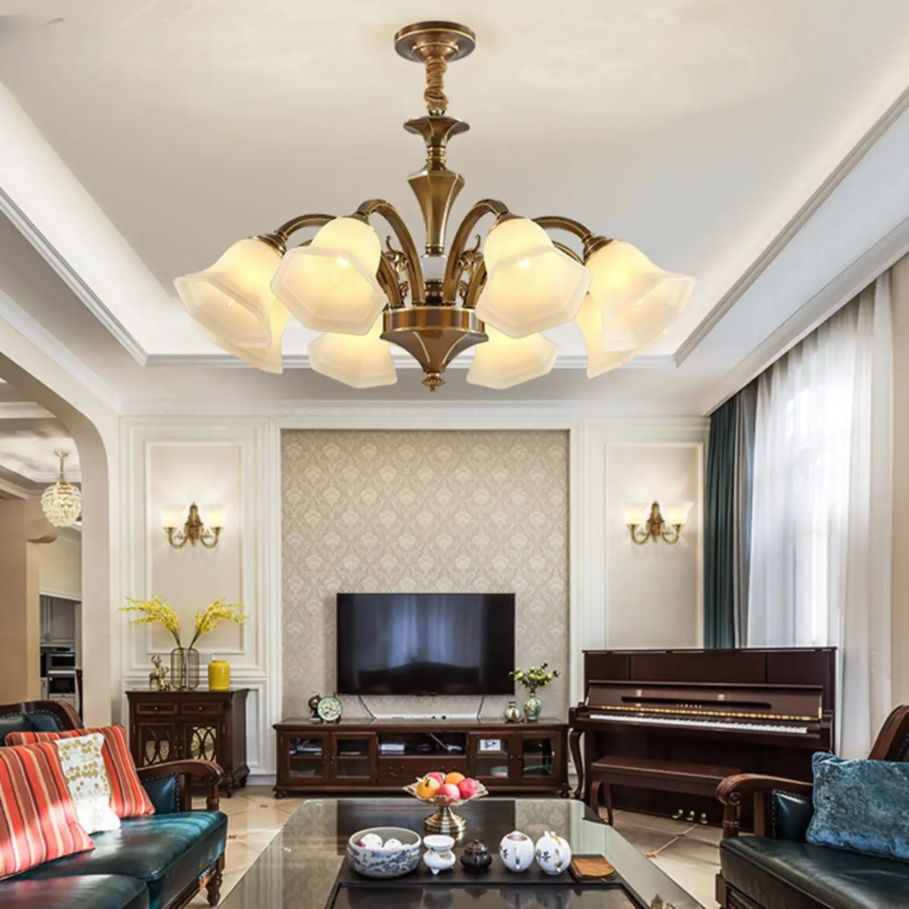  Classic Floral Brass Chandelier for Living Room with Beige Shade Image - 1 | homeyfad