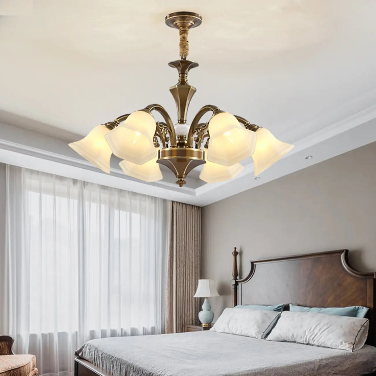  Classic Floral Brass Chandelier for Living Room with Beige Shade Image - 2 | homeyfad