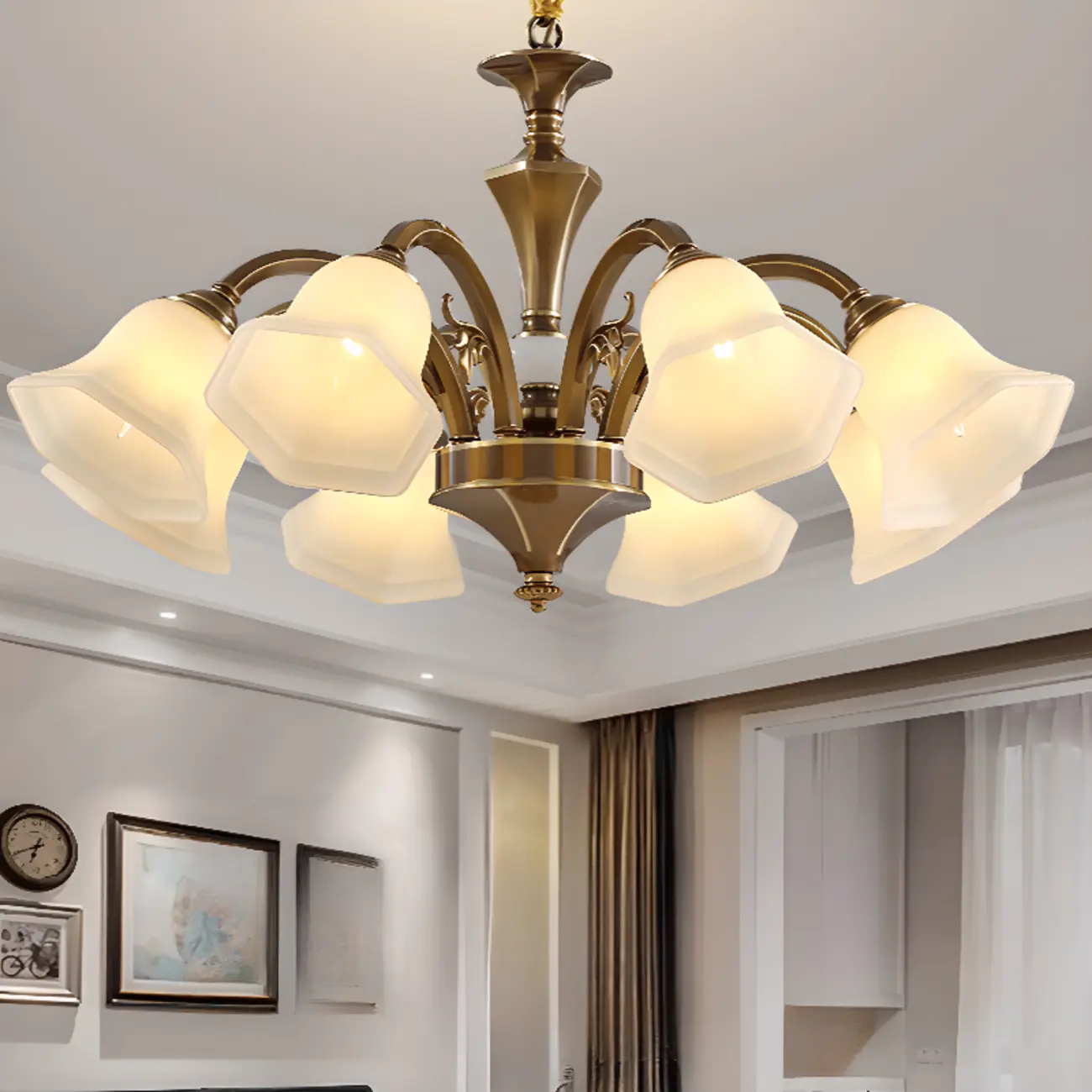  Classic Floral Brass Chandelier for Living Room with Beige Shade Image - 3 | homeyfad