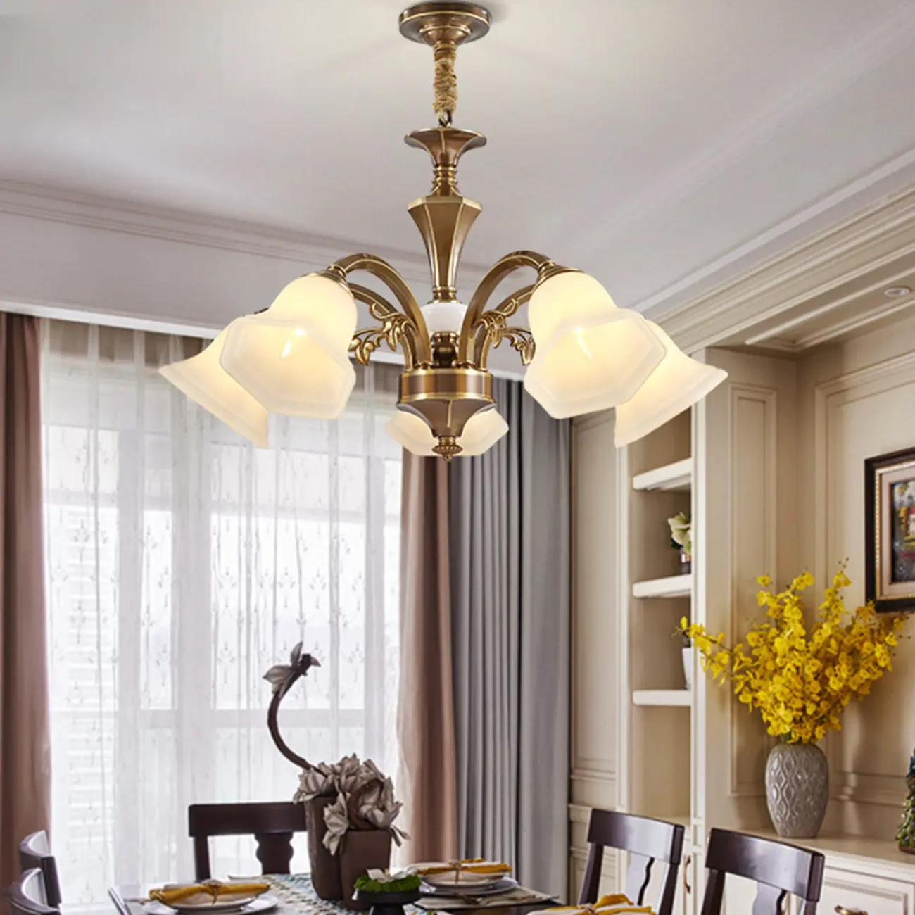  Classic Floral Brass Chandelier for Living Room with Beige Shade Image - 4 | homeyfad