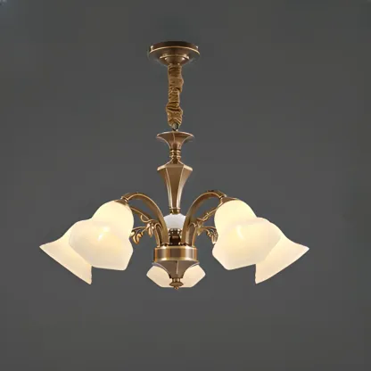  Classic Floral Brass Chandelier for Living Room with Beige Shade Image - 7
