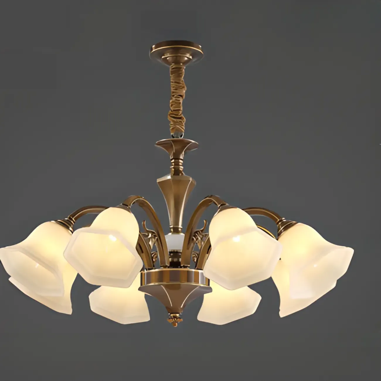  Classic Floral Brass Chandelier for Living Room with Beige Shade Image - 8