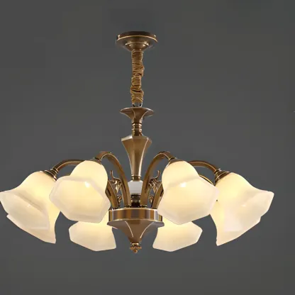  Classic Floral Brass Chandelier for Living Room with Beige Shade Image - 8