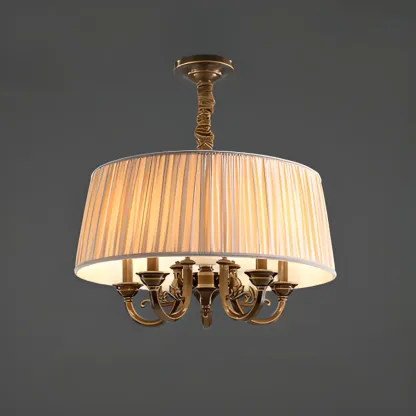  Classic Floral Brass Chandelier for Living Room with Beige Shade Image - 9