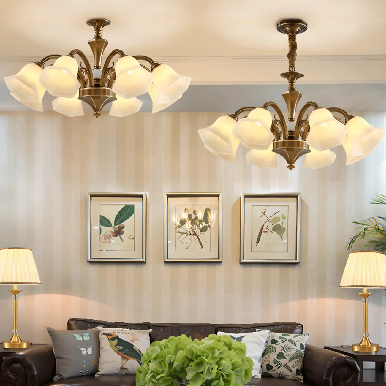  Classic Floral Brass Chandelier for Living Room with Beige Shade Image - 16 | homeyfad