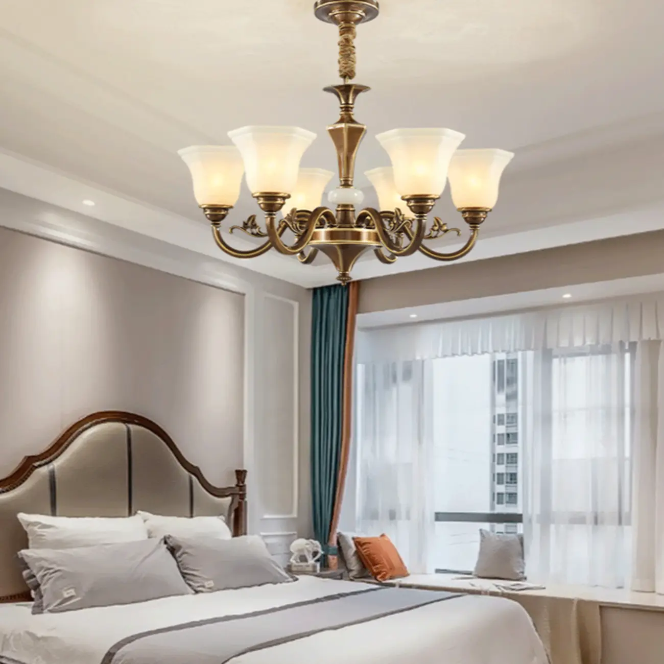  Classic Floral Brass Chandelier for Living Room with Beige Shade Image - 17 | homeyfad