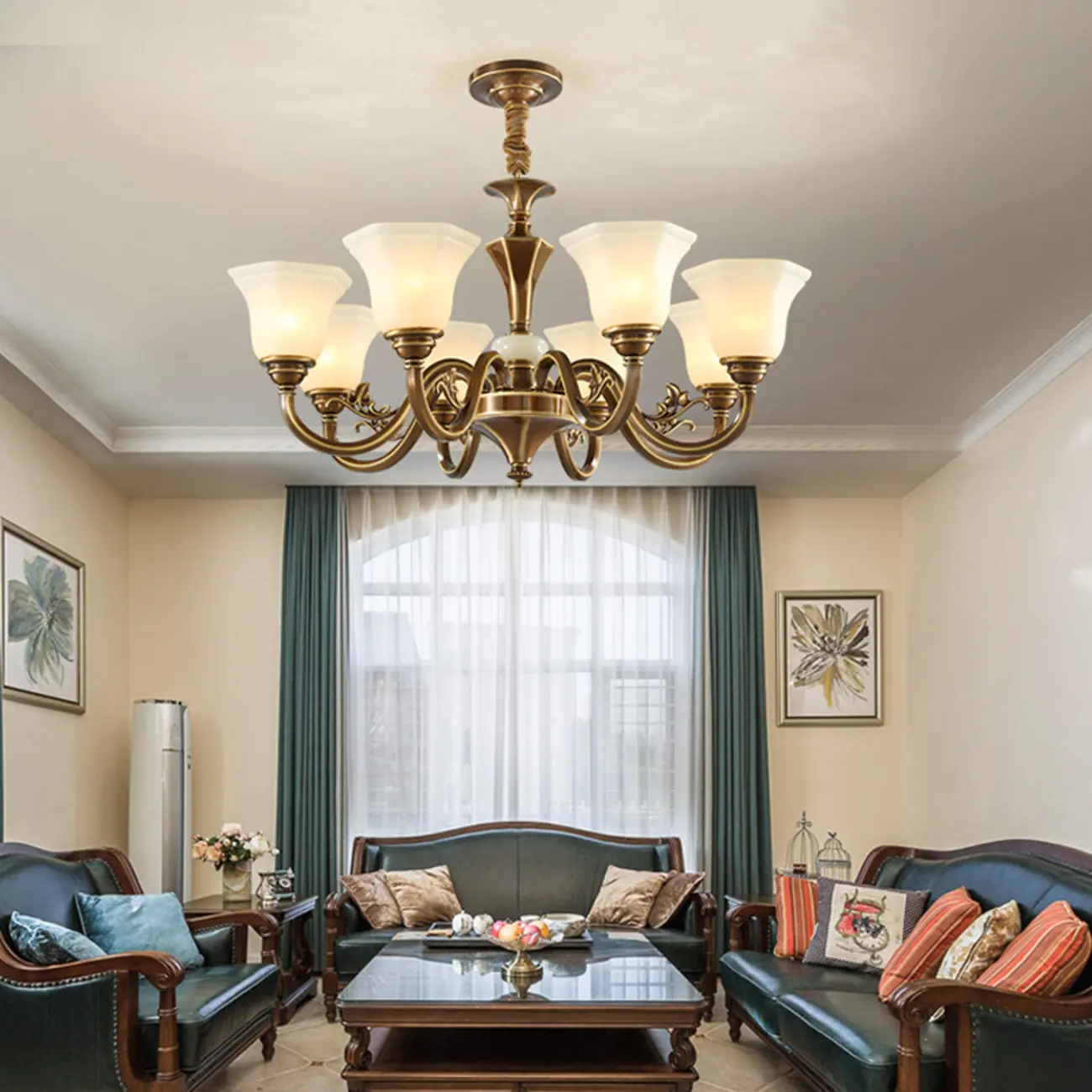  Classic Floral Brass Chandelier for Living Room with Beige Shade Image - 18 | homeyfad