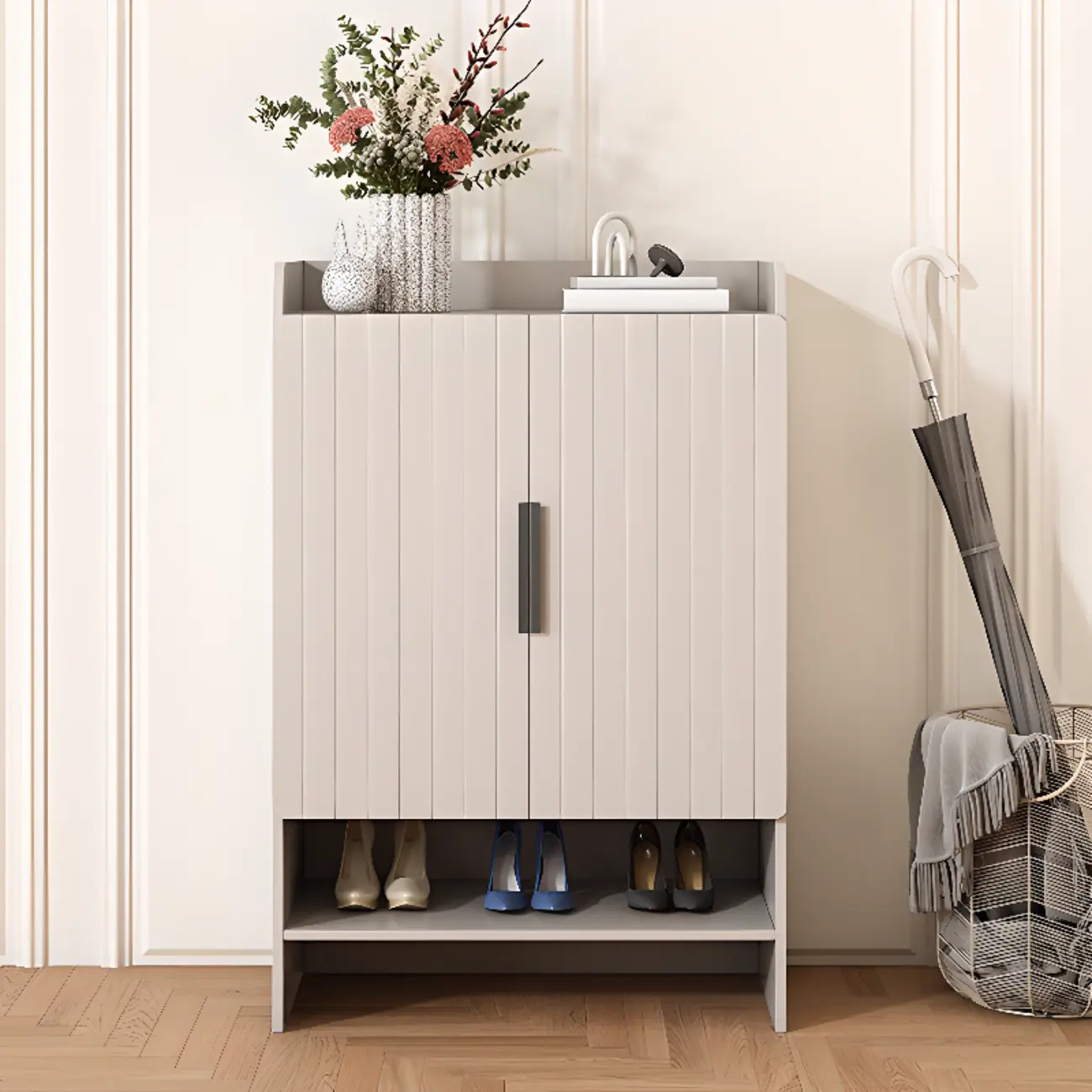 Vertical Wooden White Shoe Cabinet with Doors Image - 1 | homeyfad