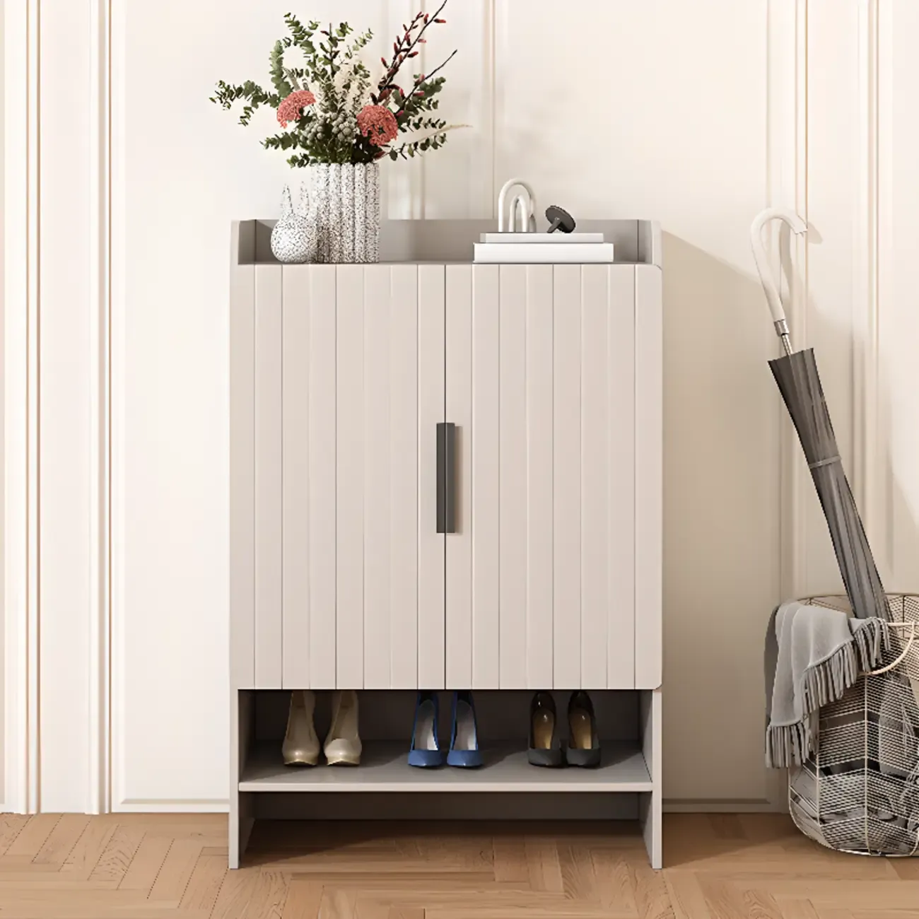 Vertical Wooden White Shoe Cabinet with Doors Image - 1