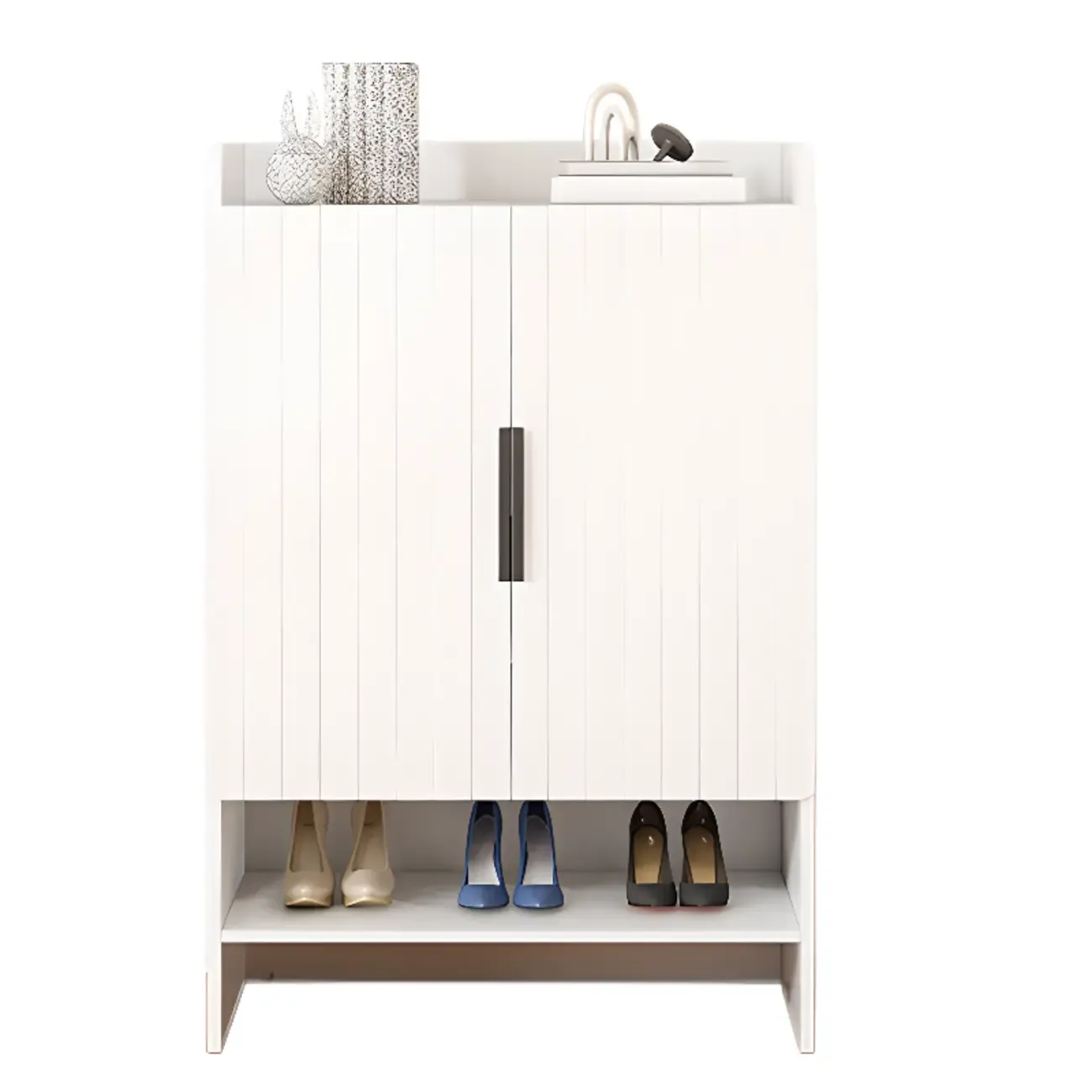 Vertical Wooden White Shoe Cabinet with Doors Image - 4