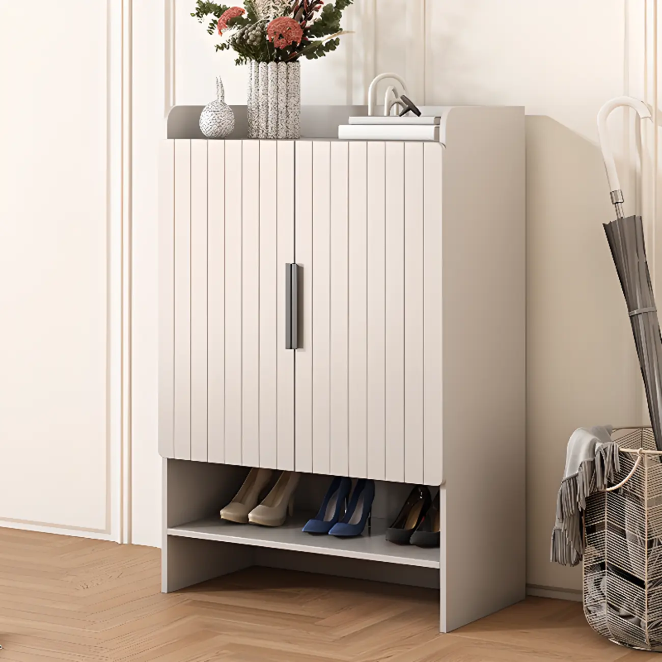 Vertical Wooden White Shoe Cabinet with Doors Image - 5 | homeyfad