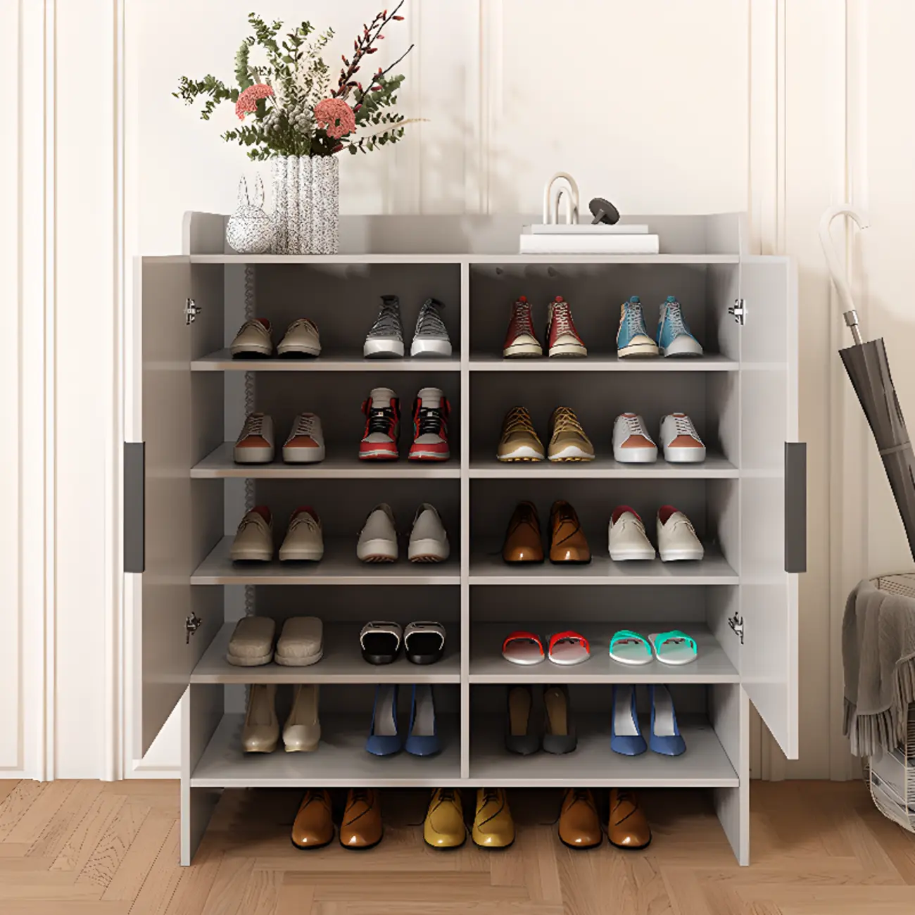 Vertical Wooden White Shoe Cabinet with Doors Image - 2 | homeyfad