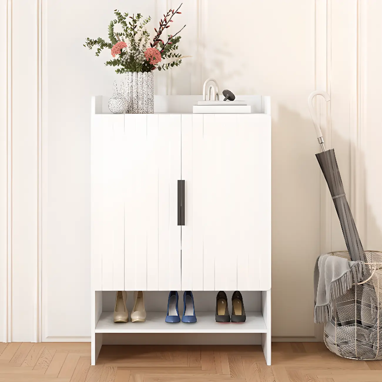 Vertical Wooden White Shoe Cabinet with Doors Image - 7 | homeyfad