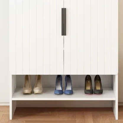 Vertical Wooden White Shoe Cabinet with Doors Image - 9