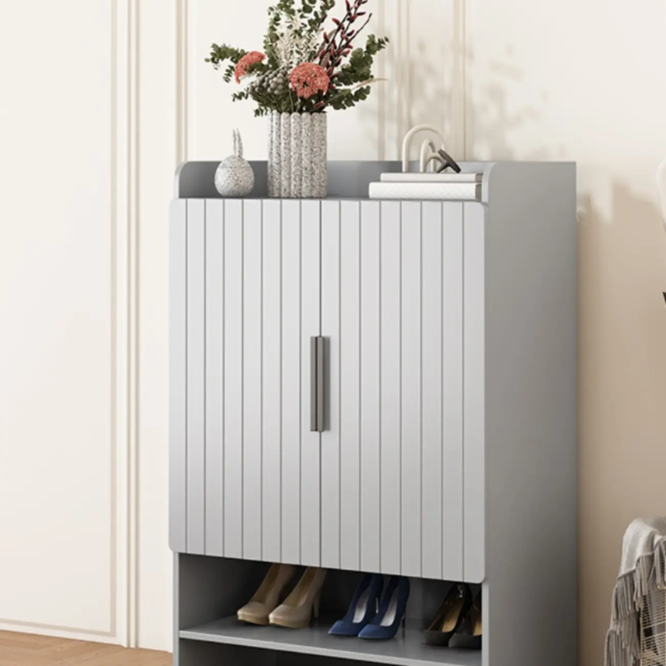 Vertical Wooden White Shoe Cabinet with Doors Image - 10 | homeyfad