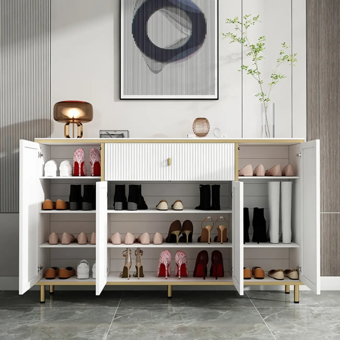 Modish White Metal Entryway Shoe Storage Cabinet Image - 4