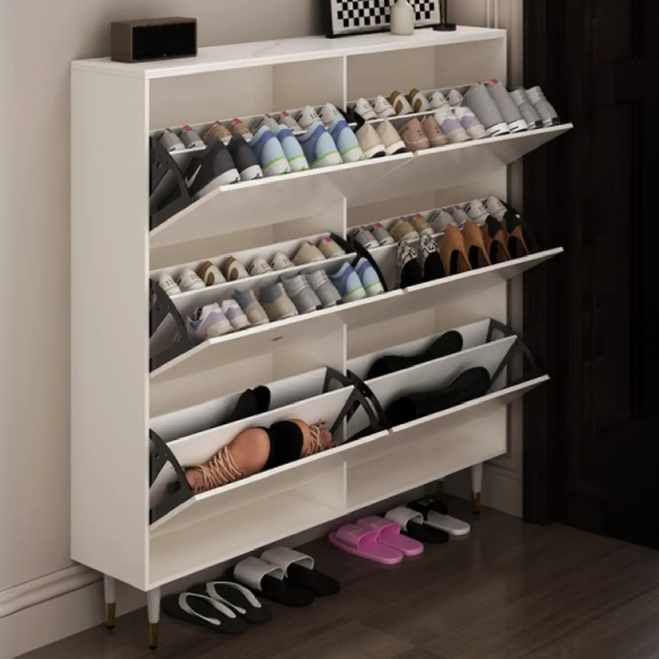 Modern White Wood Entryway Drop-Front Shoe Cabinet  Image - 8 | homeyfad