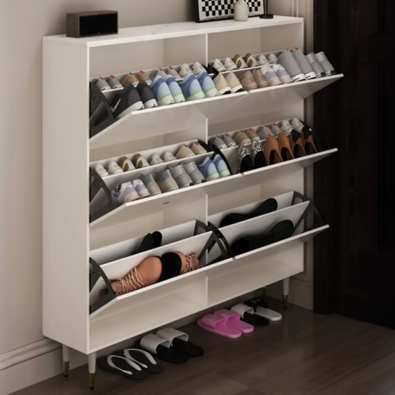 Modern White Wood Entryway Drop-Front Shoe Cabinet  Image - 8