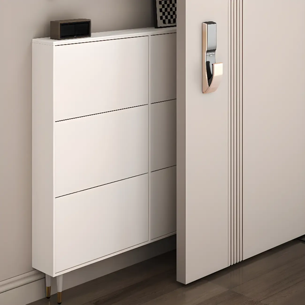 Modern White Wood Entryway Drop-Front Shoe Cabinet  Image - 3