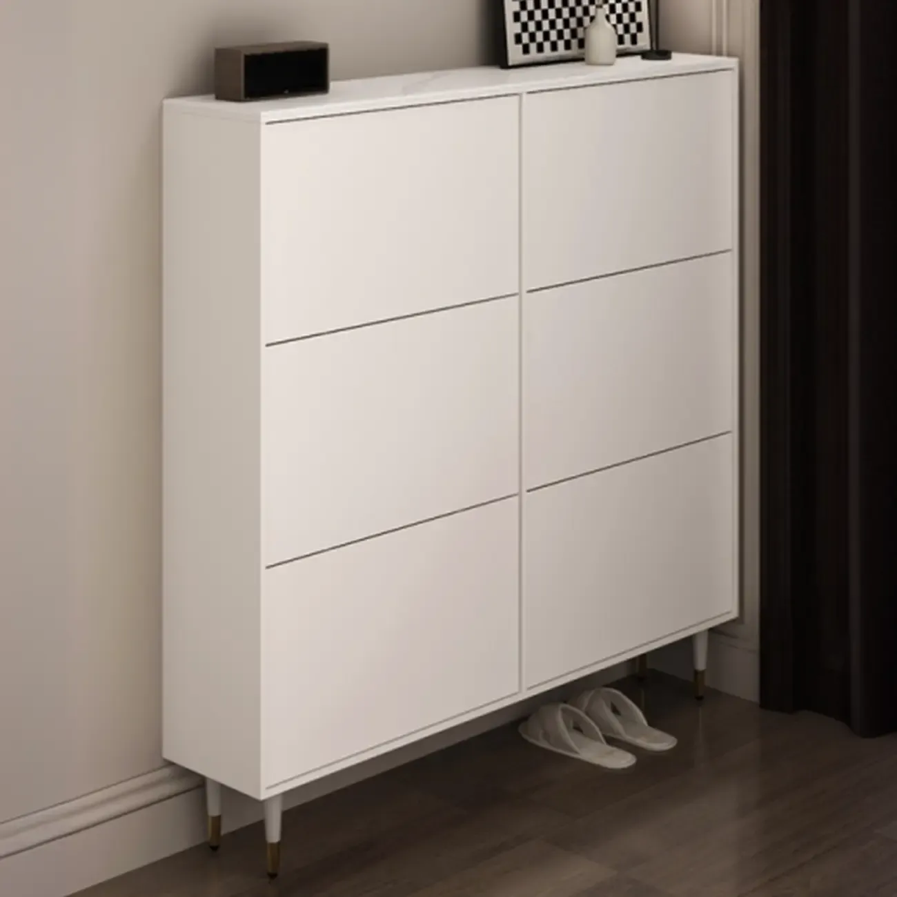 Modern White Wood Entryway Drop-Front Shoe Cabinet  Image - 1