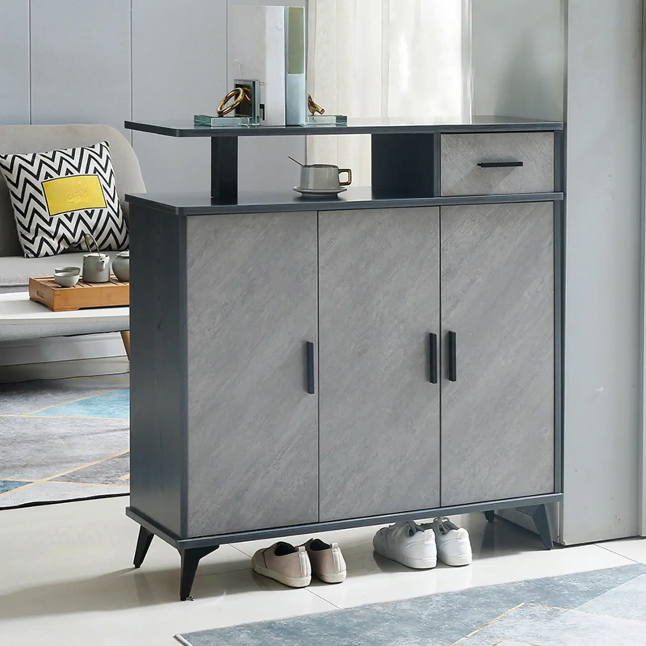 Entryway Grey Wood Shoe Storage Cabinet with Display Top  Image - 1 | homeyfad