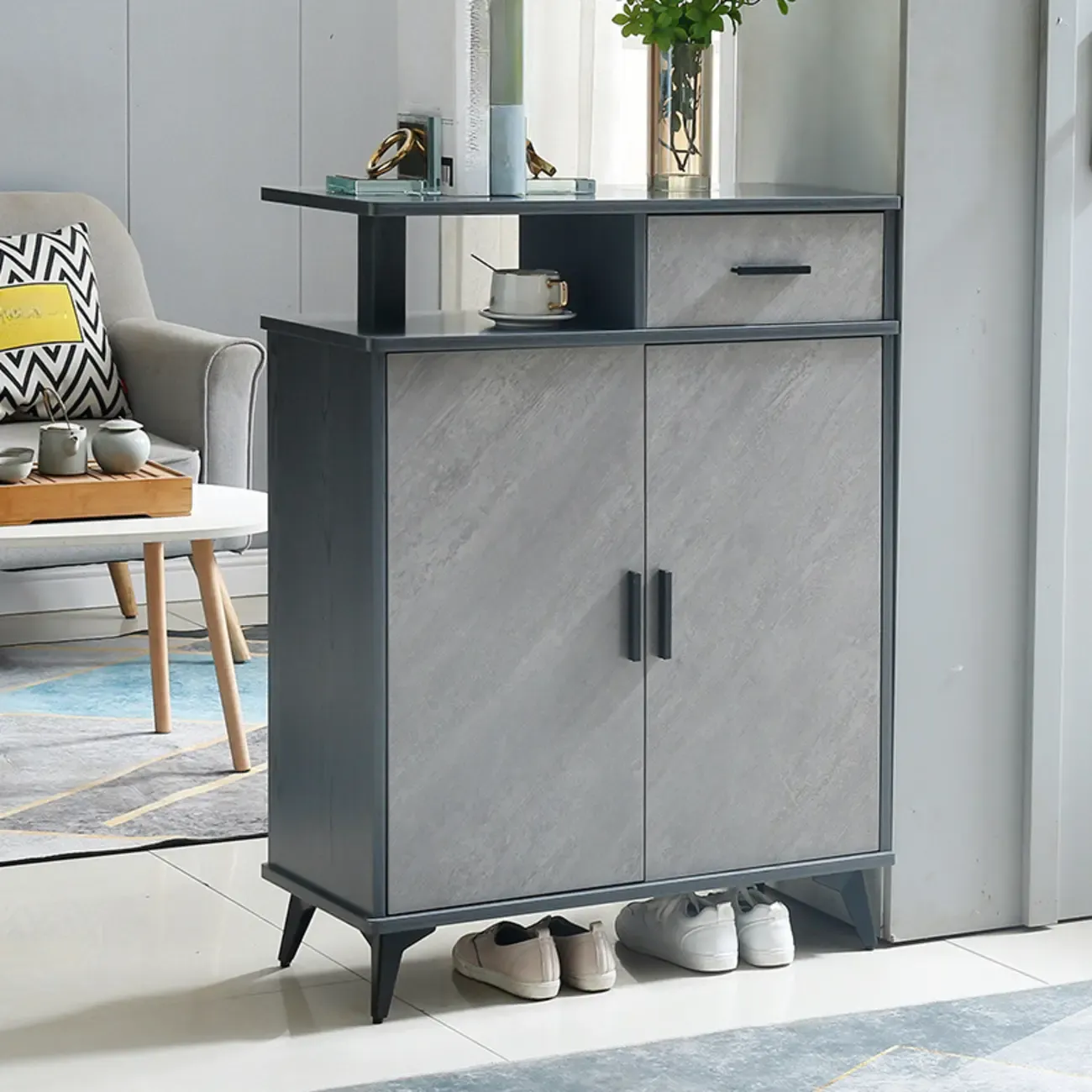 Entryway Grey Wood Shoe Storage Cabinet with Display Top  Image - 2