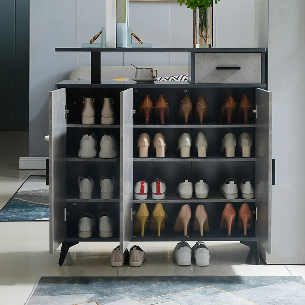 Entryway Grey Wood Shoe Storage Cabinet with Display Top  Image - 3