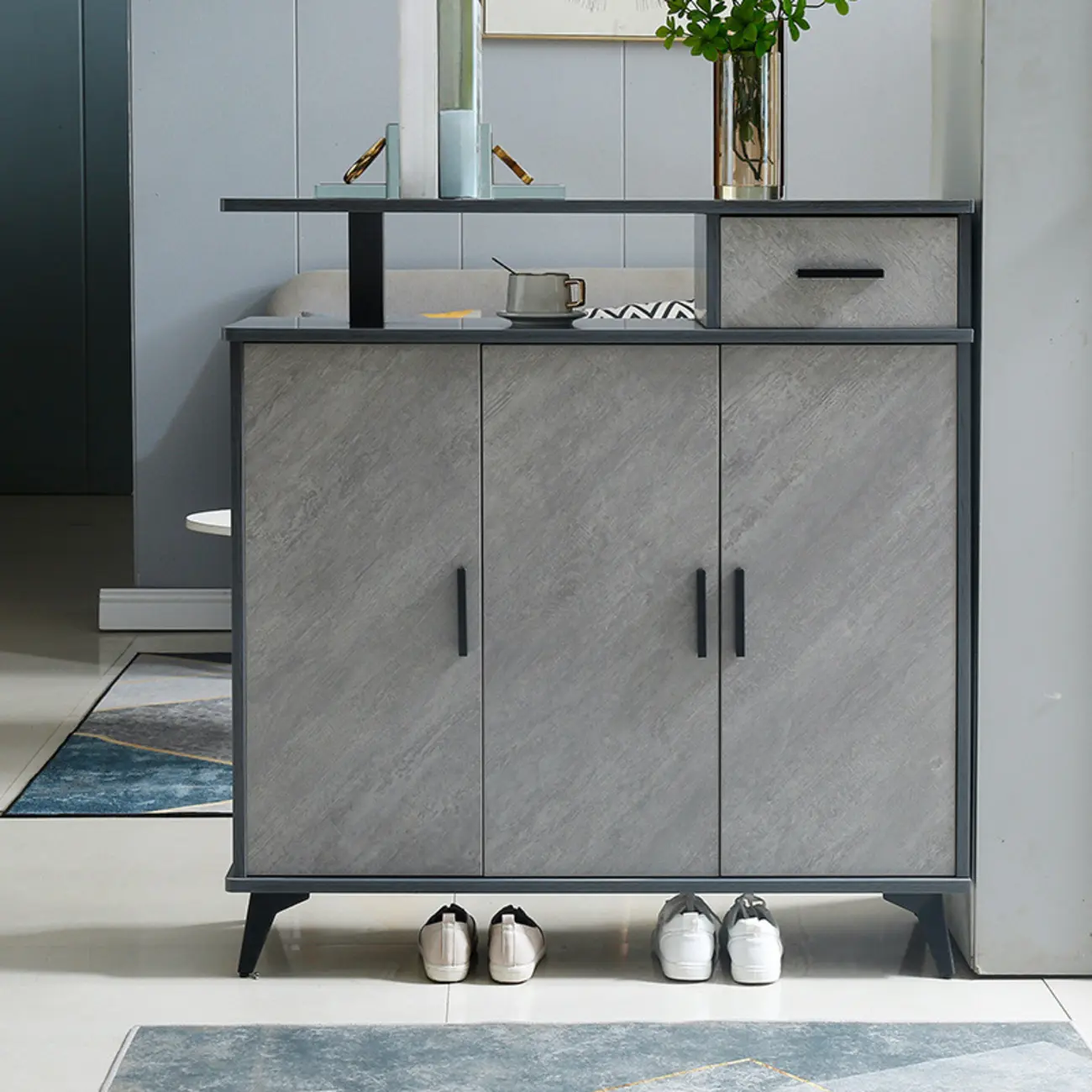 Entryway Grey Wood Shoe Storage Cabinet with Display Top  Image - 4 | homeyfad