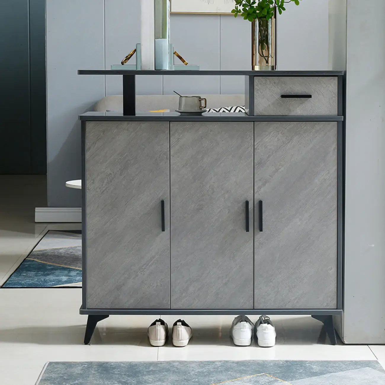 Entryway Grey Wood Shoe Storage Cabinet with Display Top  Image - 4