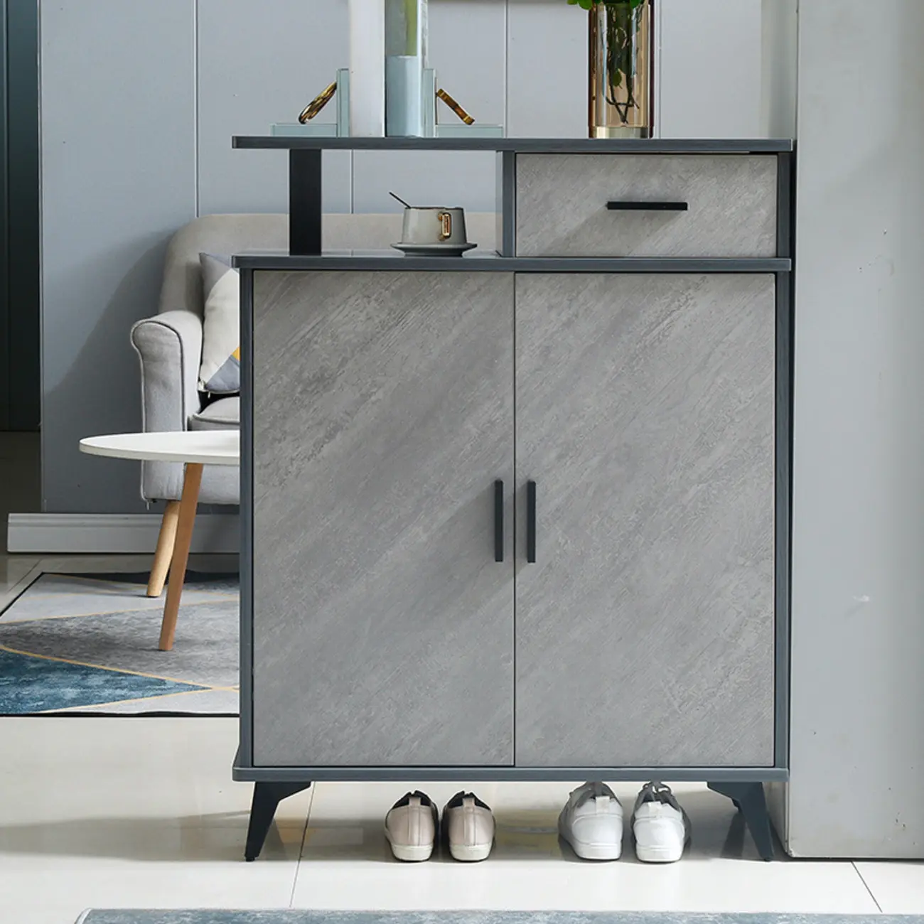 Entryway Grey Wood Shoe Storage Cabinet with Display Top  Image - 9 | homeyfad