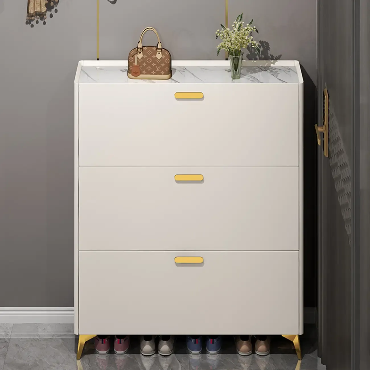 Grey/White Wood Hidden Storage Shoe Cabinet for Entryway Image - 3