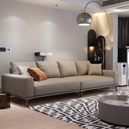 Modern Grey Leather Upholstered Sofa with Pillows Image - 1