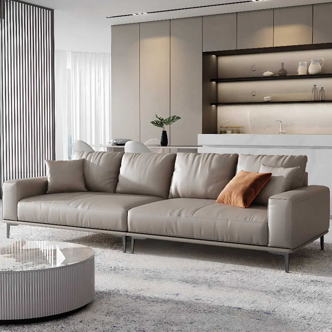 Modern Grey Leather Upholstered Sofa with Pillows Image - 3