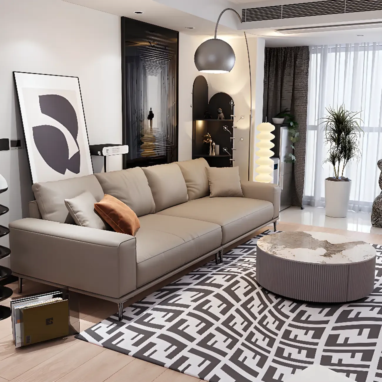 Modern Grey Leather Upholstered Sofa with Pillows Image - 6