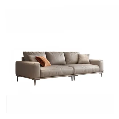 Modern Grey Leather Upholstered Sofa with Pillows Image - 7