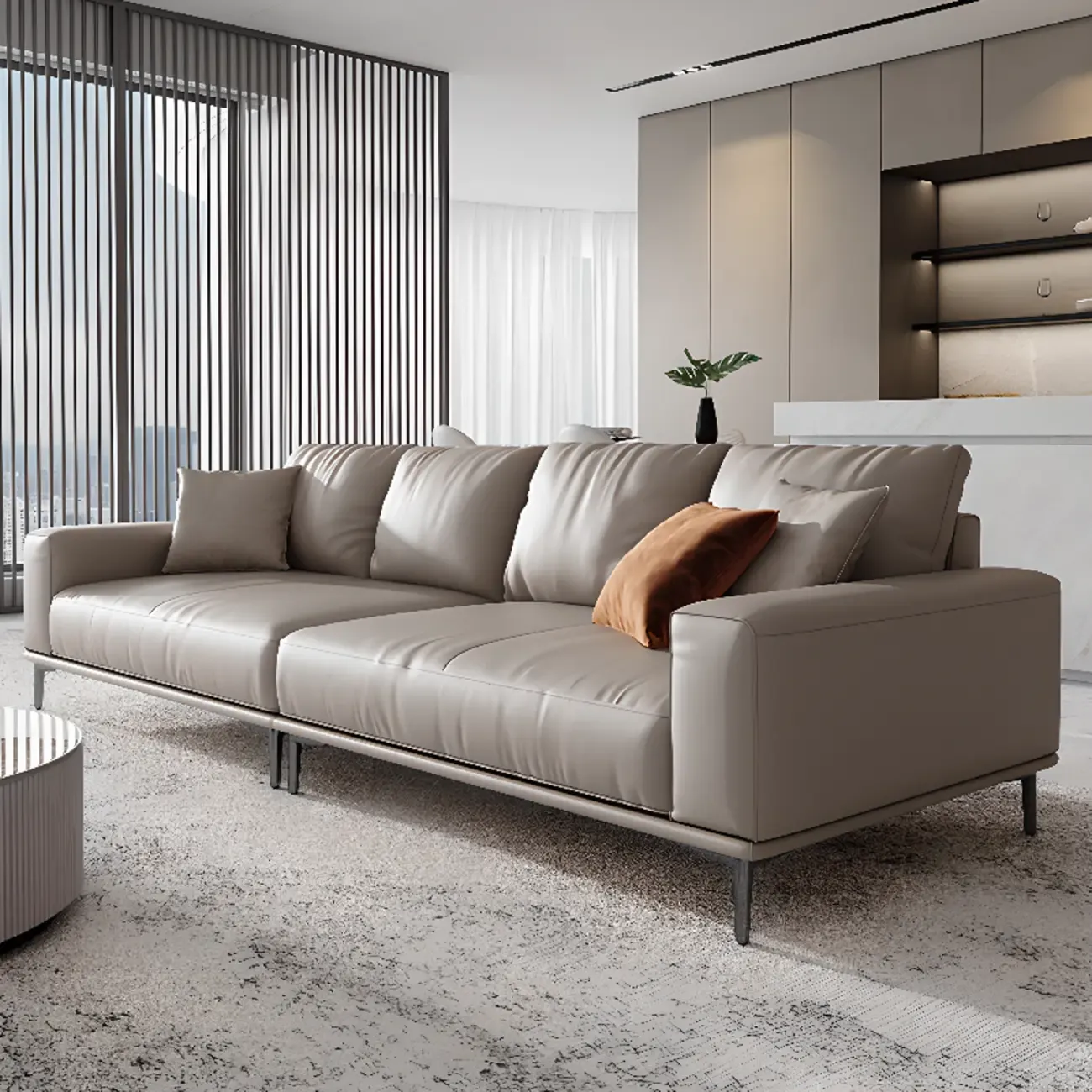 Modern Grey Leather Upholstered Sofa with Pillows Image - 8