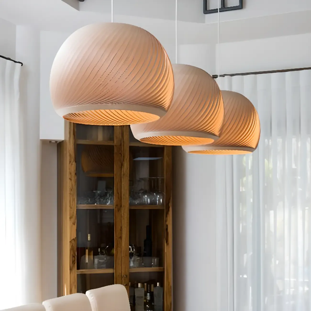Japanese Wood Round Ball Pendant Lamp for Dining Room Image - 1