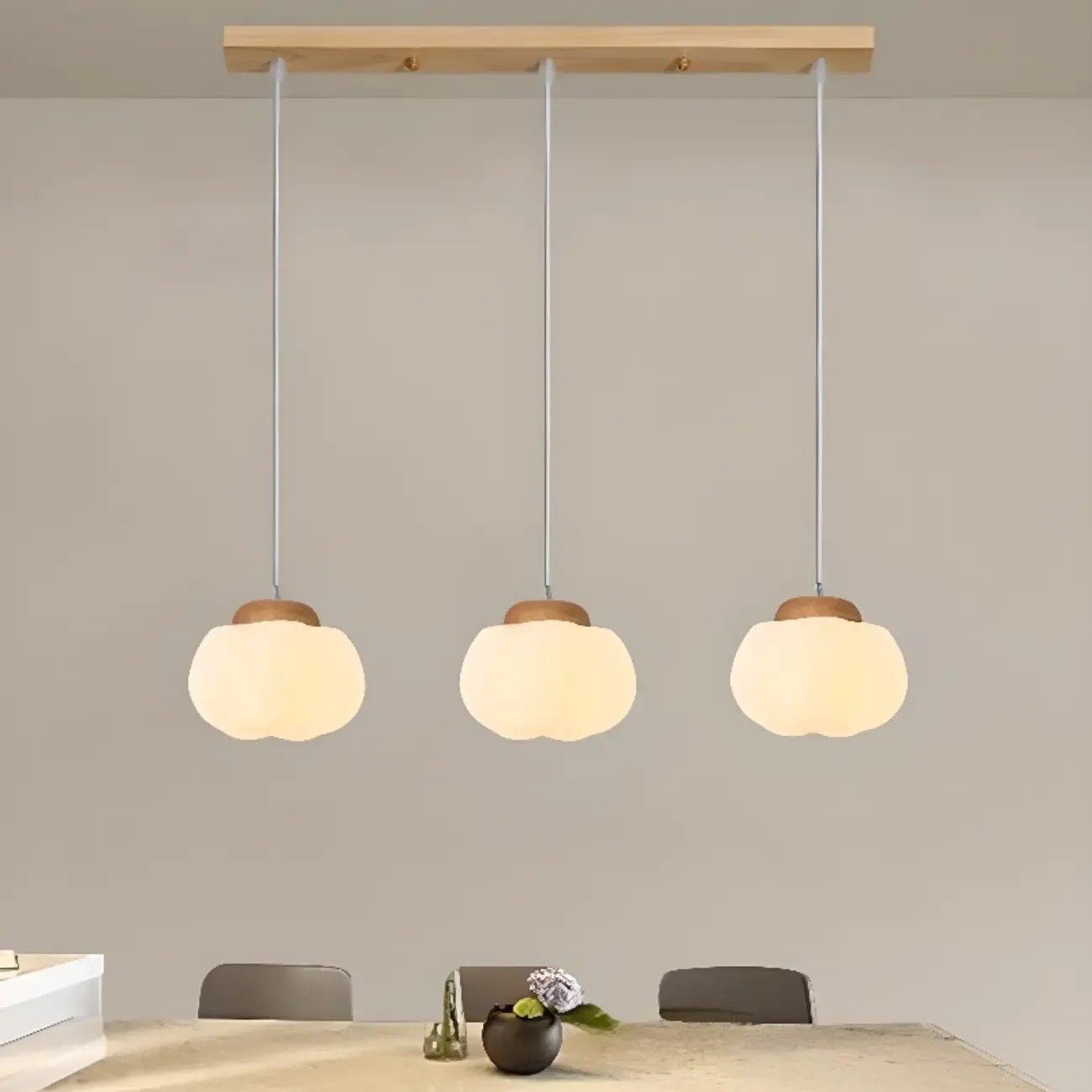 Cream Pumpkin Shape Pendant Light with Adjustable Hanging Length Image - 1