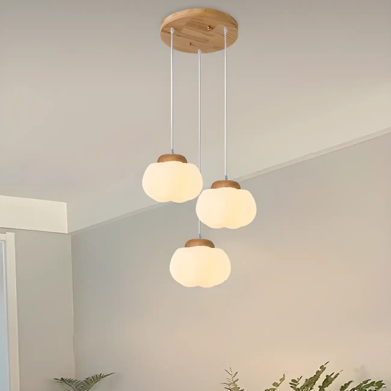 Cream Pumpkin Shape Pendant Light with Adjustable Hanging Length Image - 4