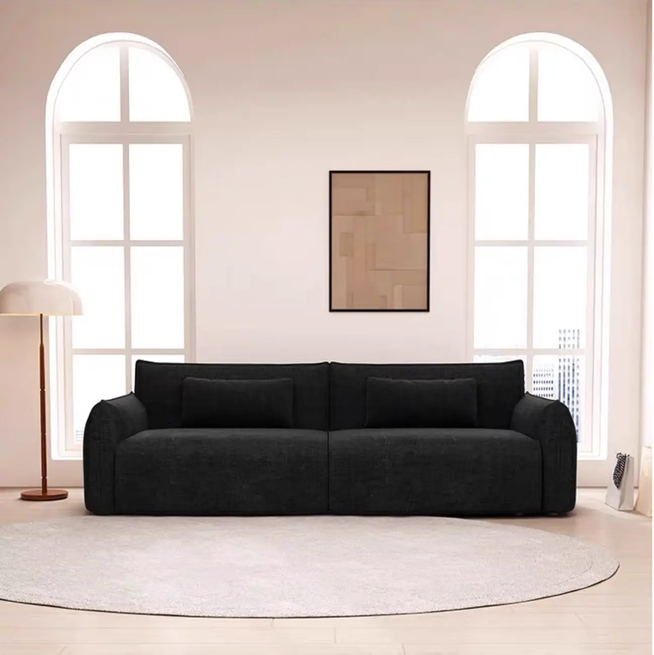110"L Modern Black Chenille 3-Seat Sofa with Pillows Image - 3 | homeyfad