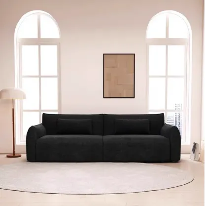 110"L Modern Black Chenille 3-Seat Sofa with Pillows Image - 3