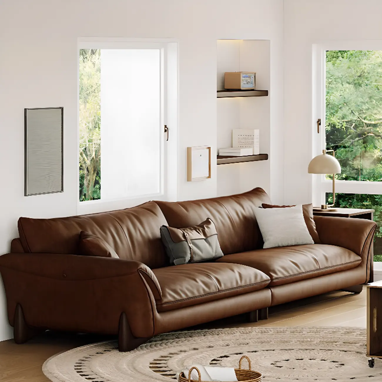 Mid-Century Brown Leather Loveseat Sofa with Pillows Image - 1 | homeyfad