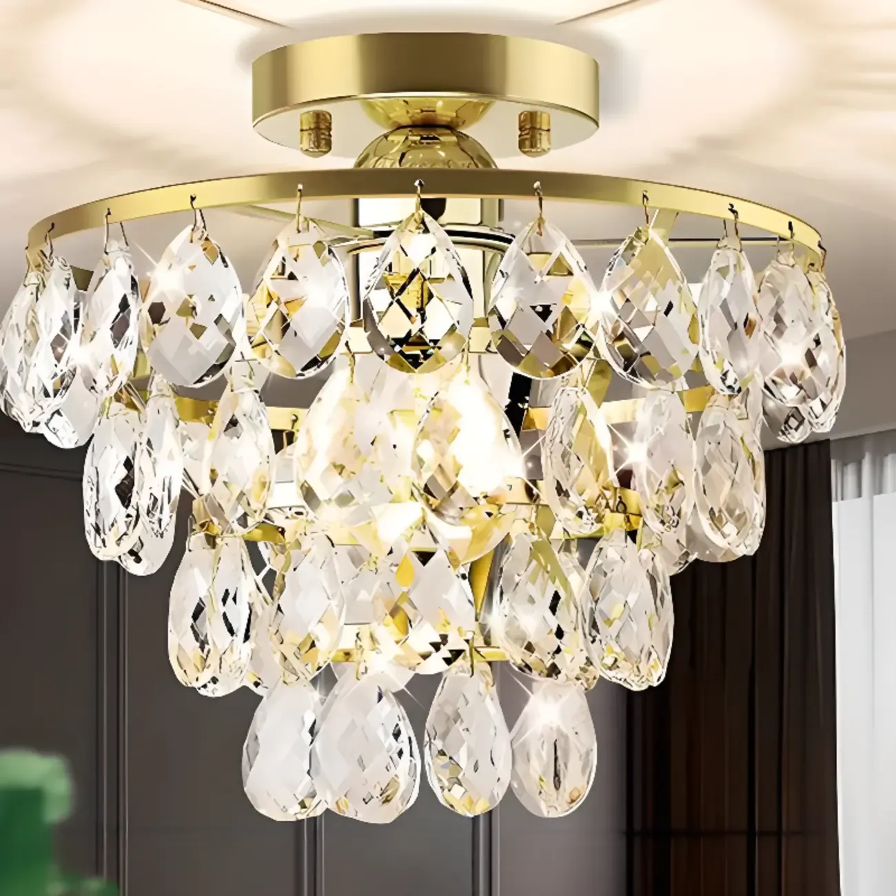 Luxury Crystal LED Semi Flush Ceiling Light for Living Space Image - 13