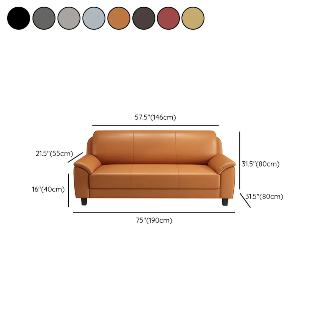 75" Modern Faux Leather 3-Seat Sofa with Pillow Top Design #size