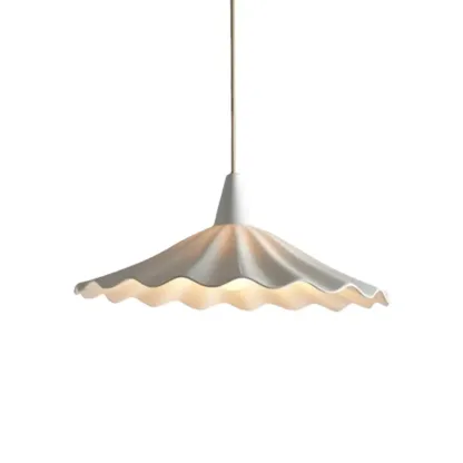 White Ceramic Umbrella-Shaped Pleated Pendant Light for Living Room Image - 5