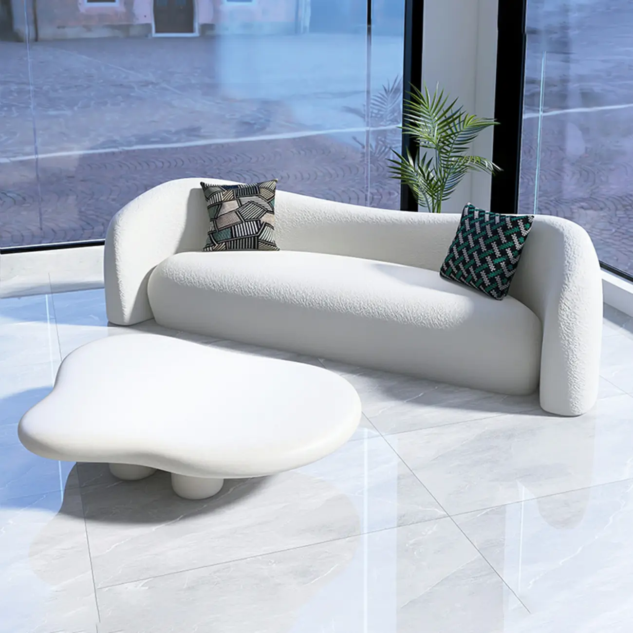 Scandinavian White Sherpa Curved Sofa with Concealed Support Image - 4 | homeyfad