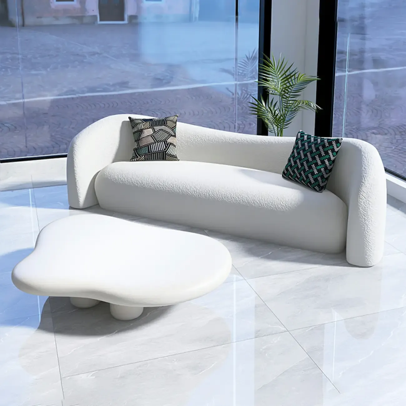 Scandinavian White Sherpa Curved Sofa with Concealed Support Image - 4
