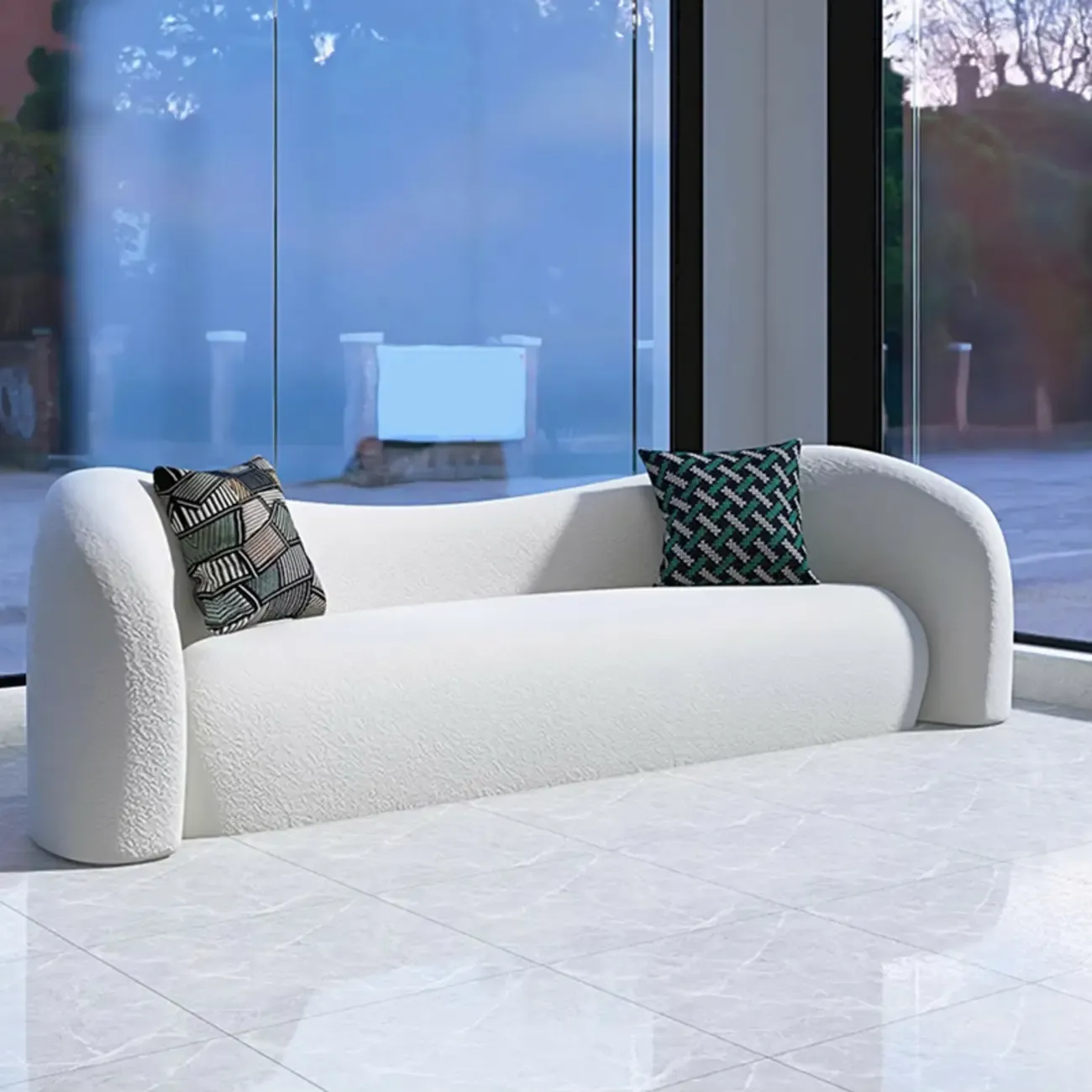 Scandinavian White Sherpa Curved Sofa with Concealed Support Image - 5