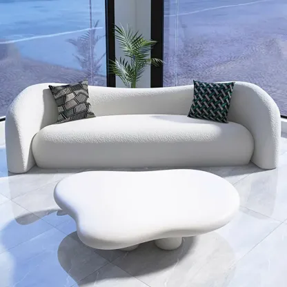 Scandinavian White Sherpa Curved Sofa with Concealed Support Image - 6